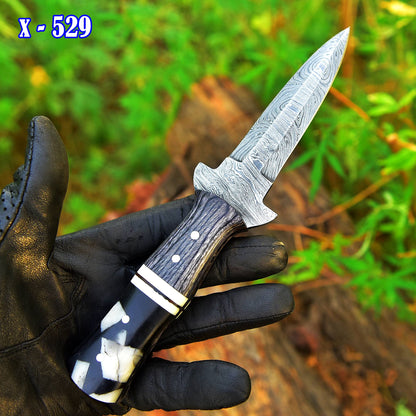 Heavy Duty Damascus Steel Dagger Knife Wood Resin Handle With Sheath