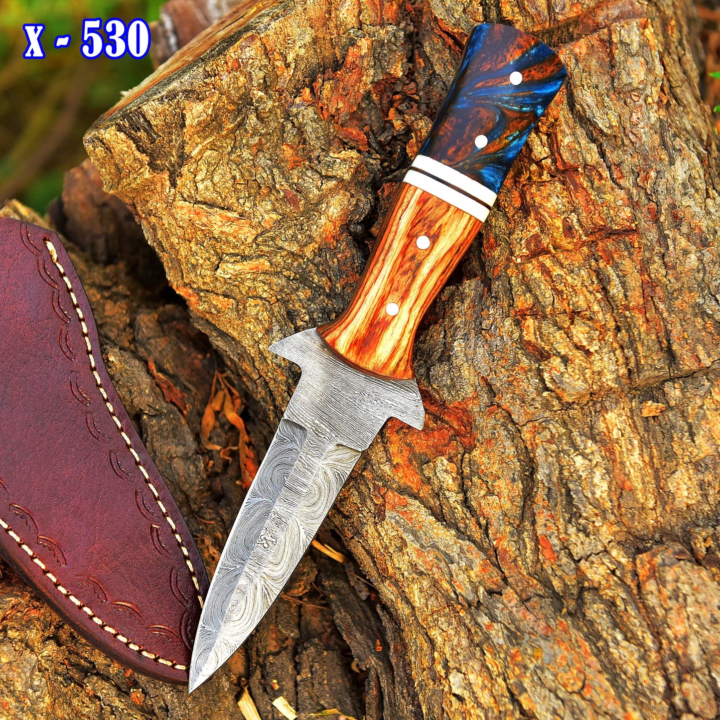 Handcrafted Damascus Steel Double Edge Blade Dagger Knife Wood Resin Handle