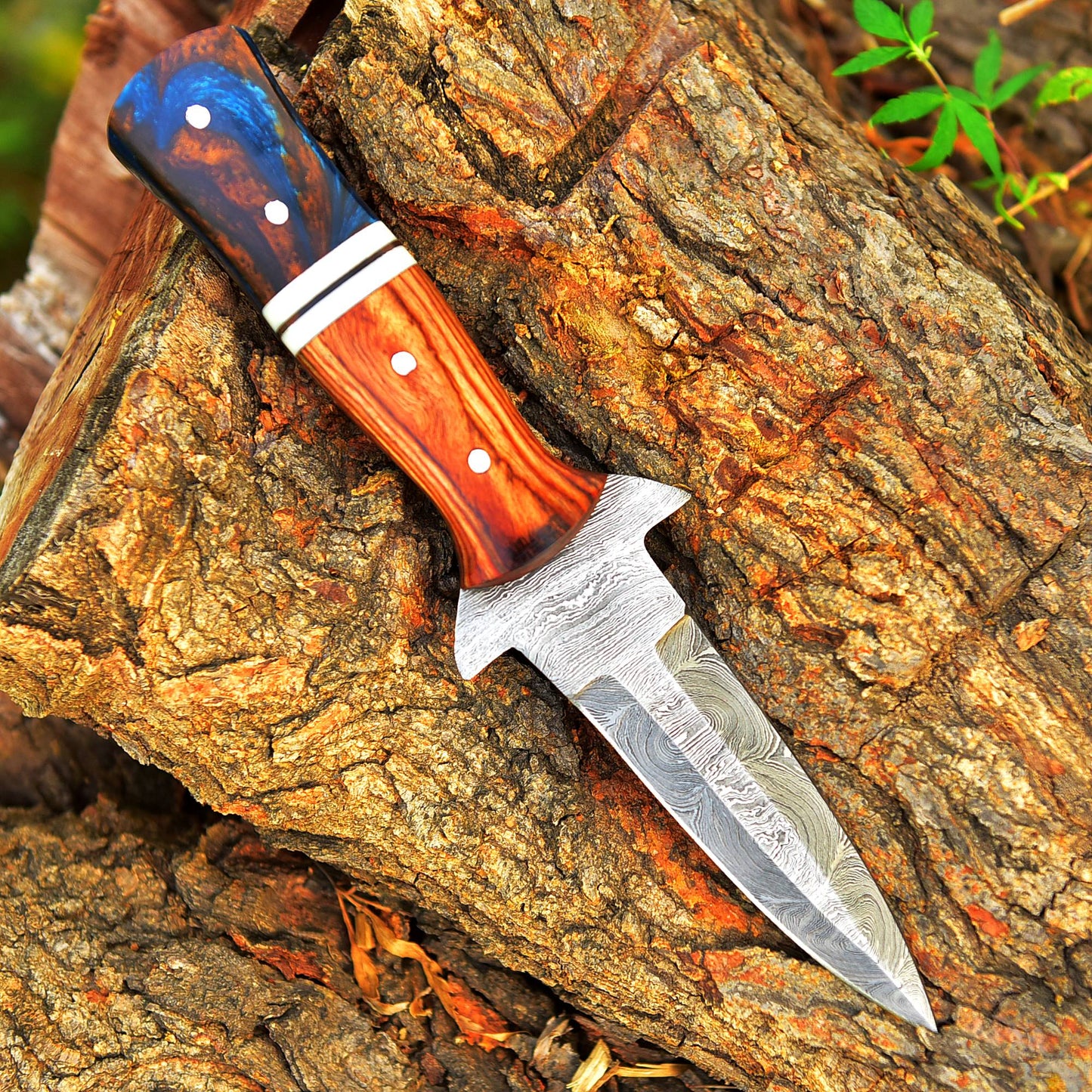 Handcrafted Damascus Steel Double Edge Blade Dagger Knife Wood Resin Handle