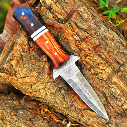 Handcrafted Damascus Steel Double Edge Blade Dagger Knife Wood Resin Handle