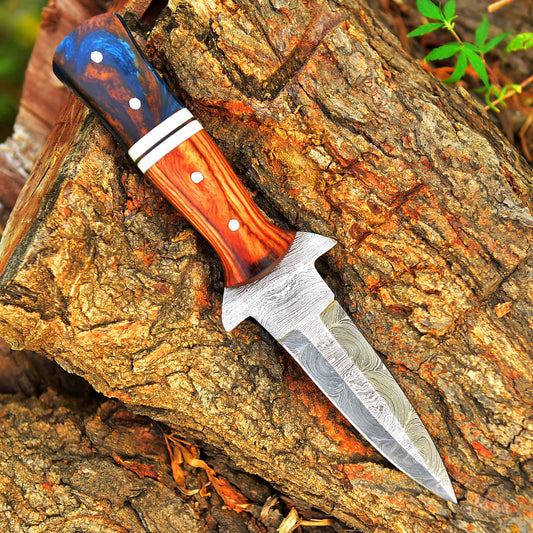 Handcrafted Damascus Steel Double Edge Blade Dagger Knife Wood Resin Handle