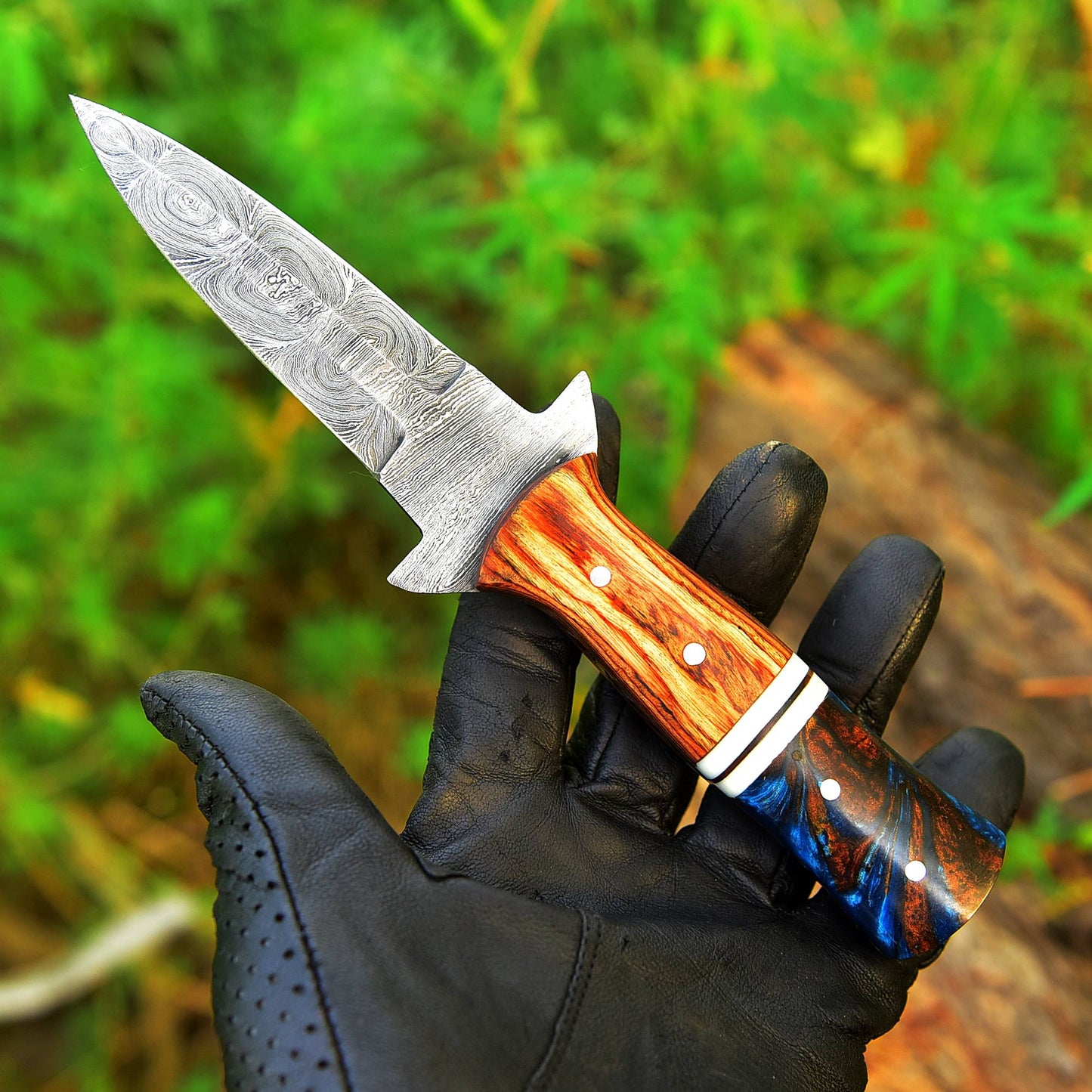 Handcrafted Damascus Steel Double Edge Blade Dagger Knife Wood Resin Handle