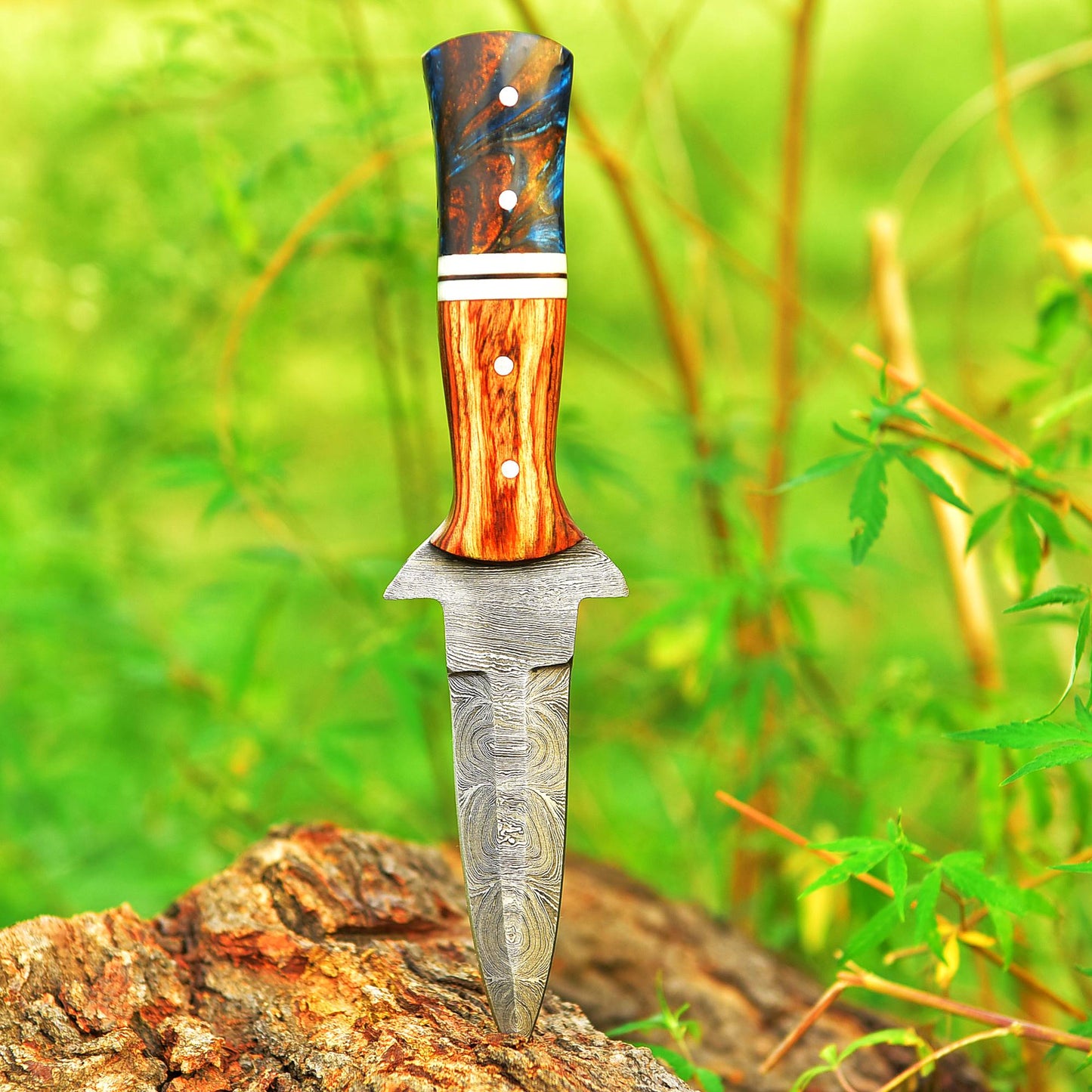 Handcrafted Damascus Steel Double Edge Blade Dagger Knife Wood Resin Handle