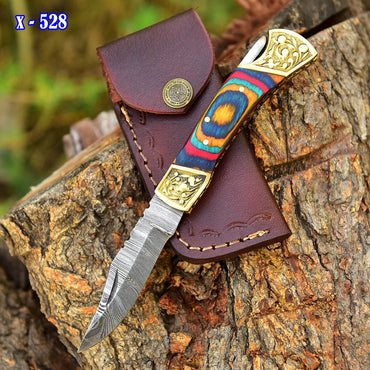 Customs Hand Made Damascus Steel Hunting Folding Knife Brass Bolster With Colored Wood Handle