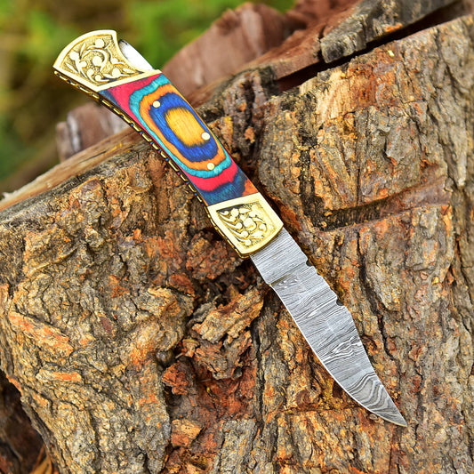 Customs Hand Made Damascus Steel Hunting Folding Knife Brass Bolster With Colored Wood Handle