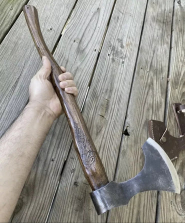 HAND FORGED VIKING AXE - RAGNAR - Dragon Engraved Wood Handle