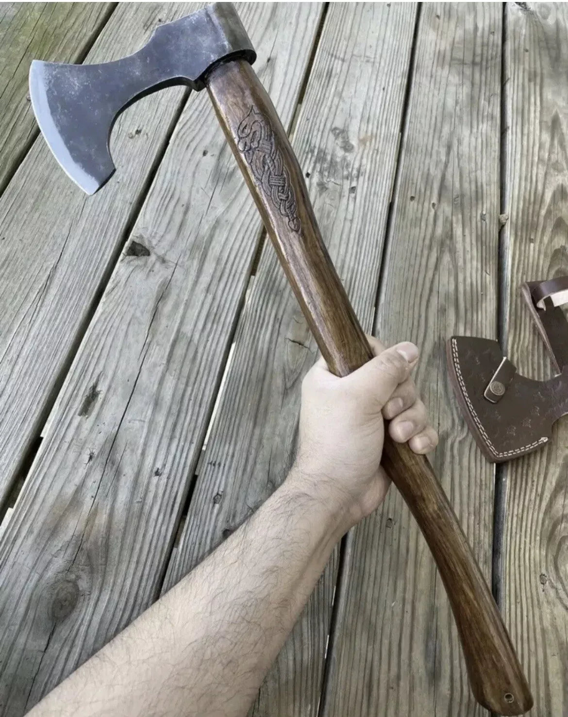 HAND FORGED VIKING AXE - RAGNAR - Dragon Engraved Wood Handle