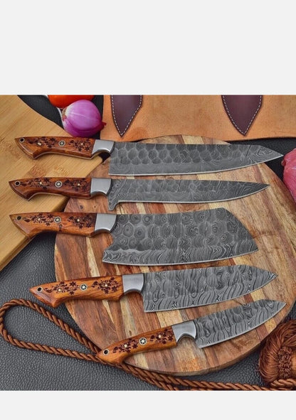 Custom Handmade 5 Piece Damascus Steel Chef Knives Kitchen Knives Set