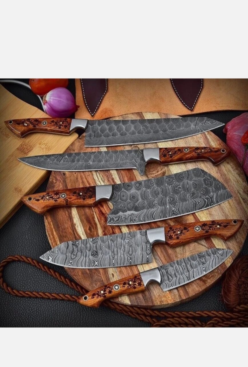 Custom Handmade 5 Piece Damascus Steel Chef Knives Kitchen Knives Set