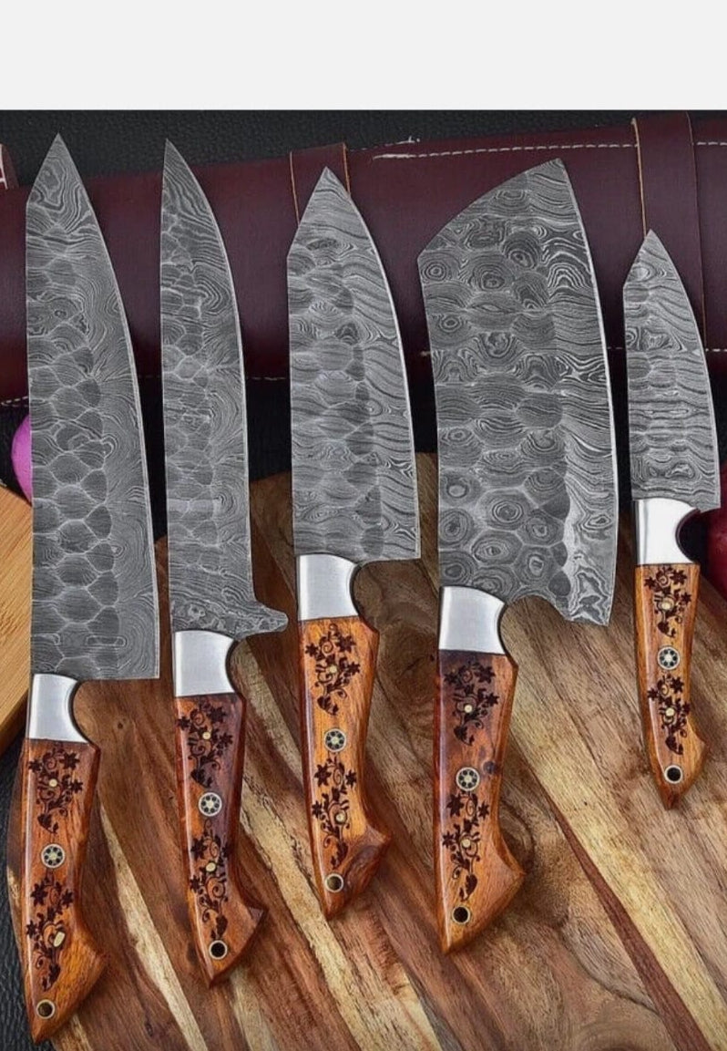 Custom Handmade 5 Piece Damascus Steel Chef Knives Kitchen Knives Set