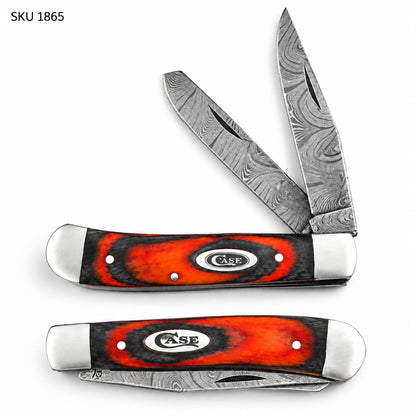 Trapper Pocket Knife – Wood Handle – Dual Blade–Damascus Steel Folding -USA
