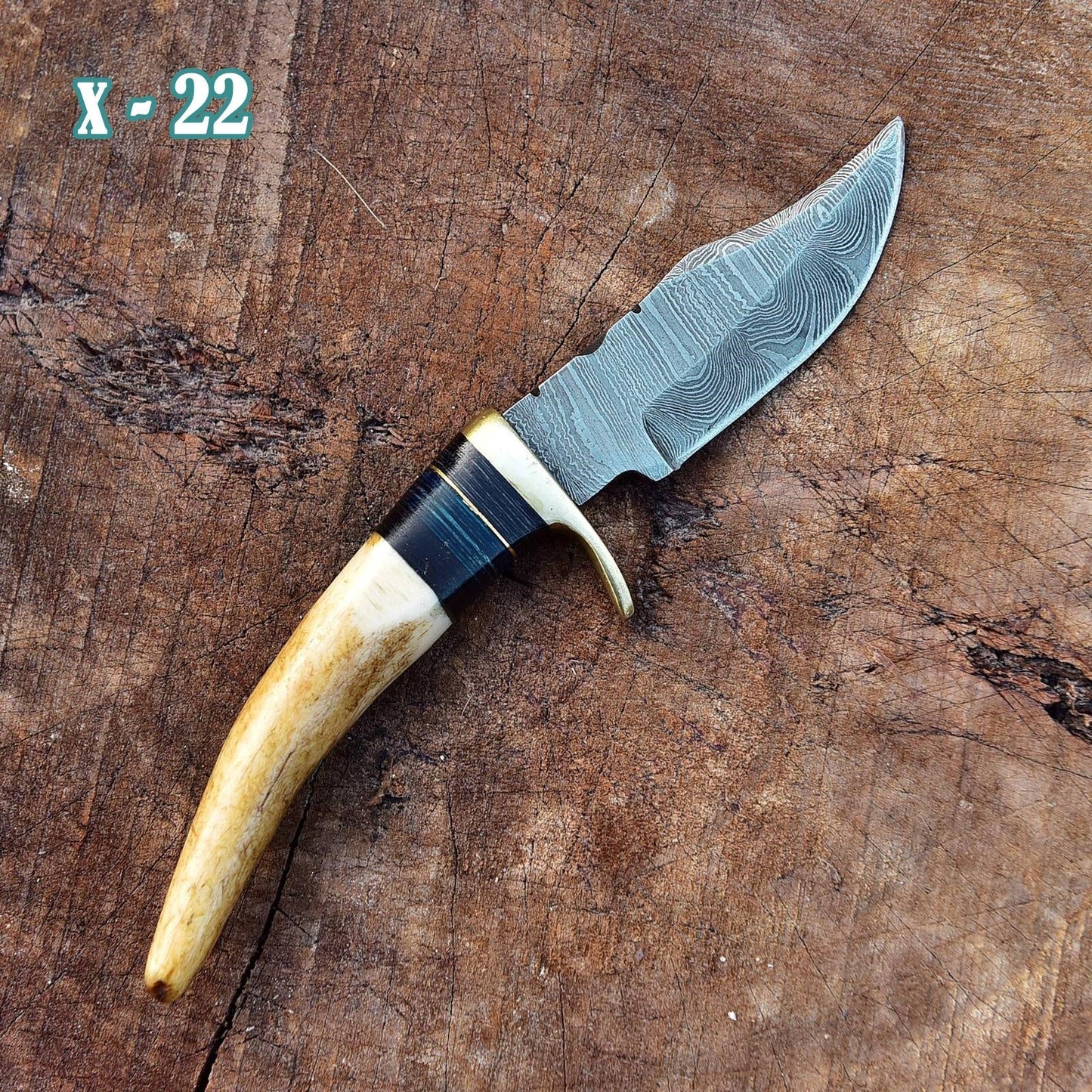 Miniature Knife Damascus Steel Fixed Blade Skinner Stag Antler Handle with Sheath