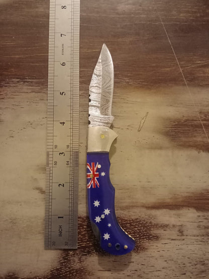 Customs Handmade Damascus Steel Folding Blade Pocket Knife With Sheath