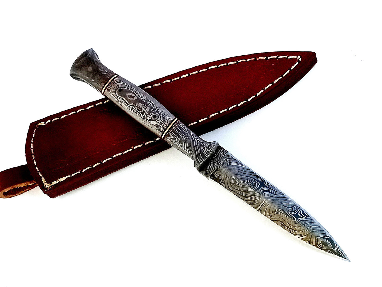 Handmade Forged Damascus Steel Double-Edged Fix blade Dagger Boot Knife Full Tang With Leather Sheath