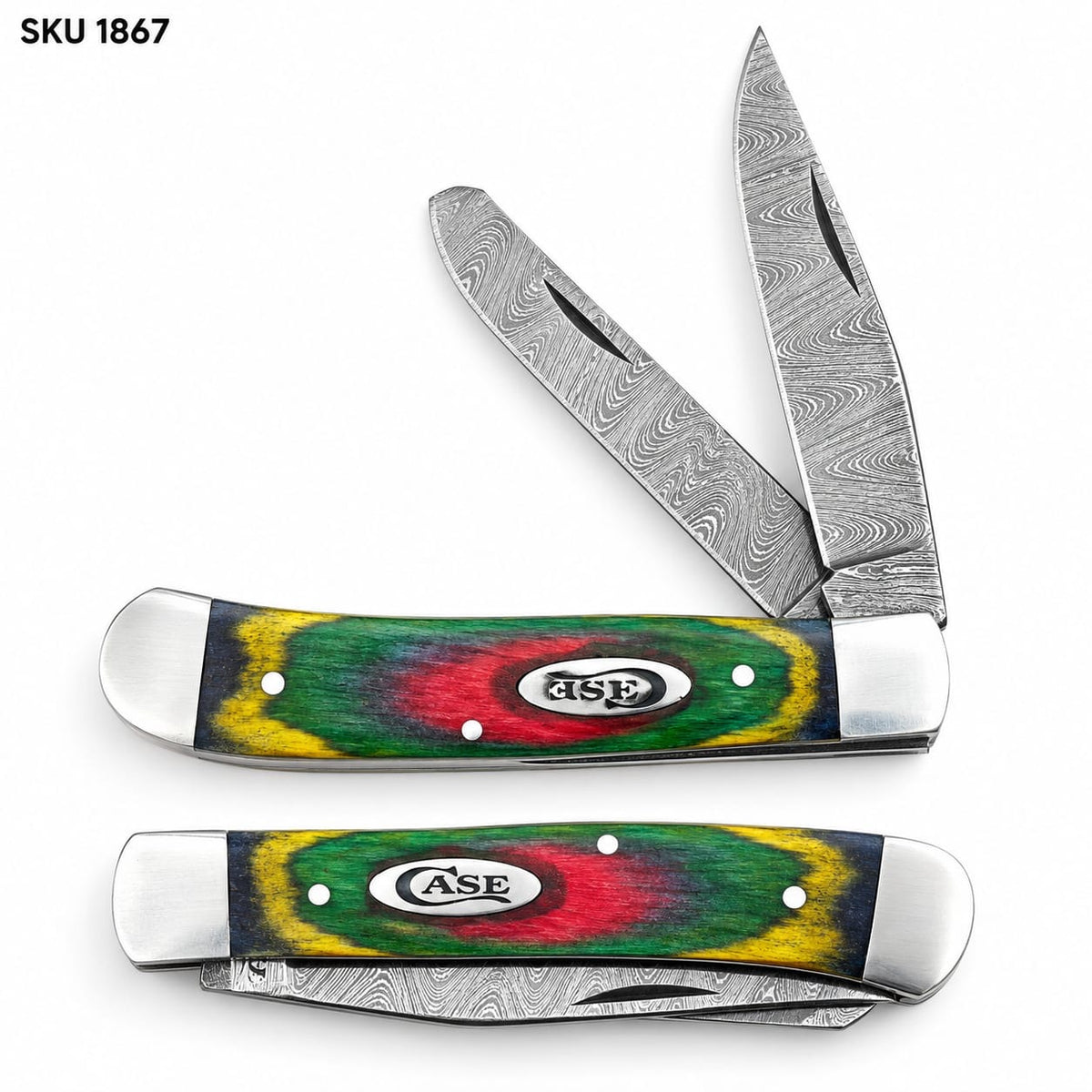 Trapper Pocket Knife – Wood Handle – Dual Blade–Damascus Steel Folding -USA