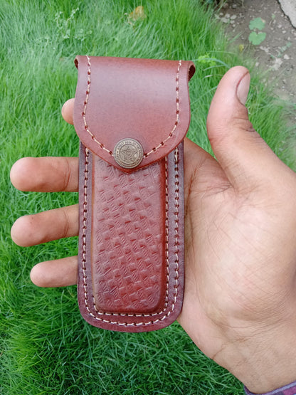 Custom Hand Stitched Top Grain Leather Folding Knife Engraved Sheath