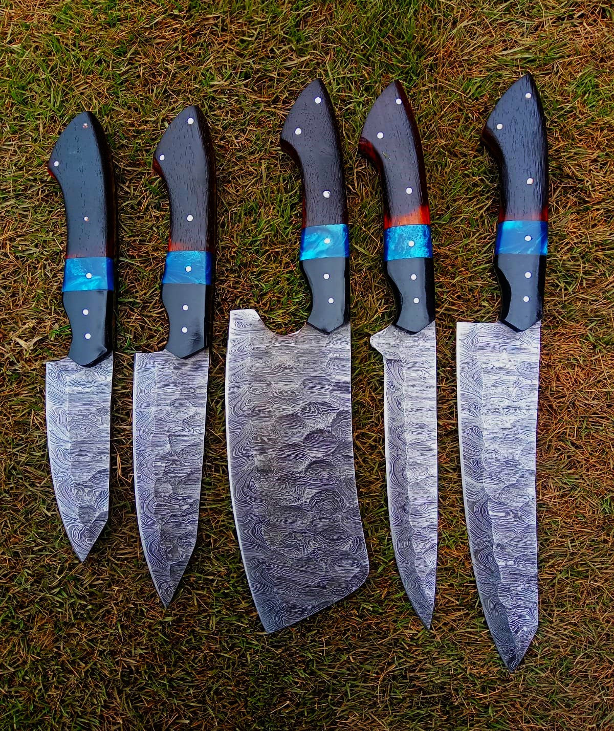 Handmade Damascus 5 PCS Kitchen Knife Set Chef Cutlery Set Wood Resin Handle