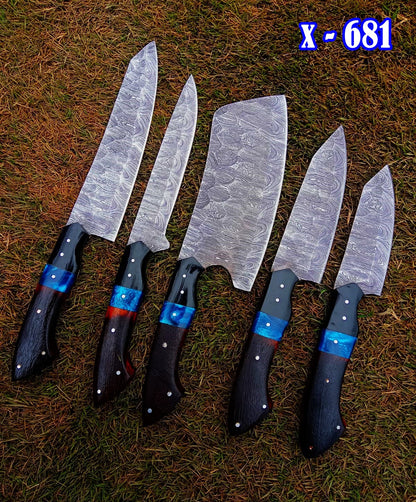 Handmade Damascus 5 PCS Kitchen Knife Set Chef Cutlery Set Wood Resin Handle