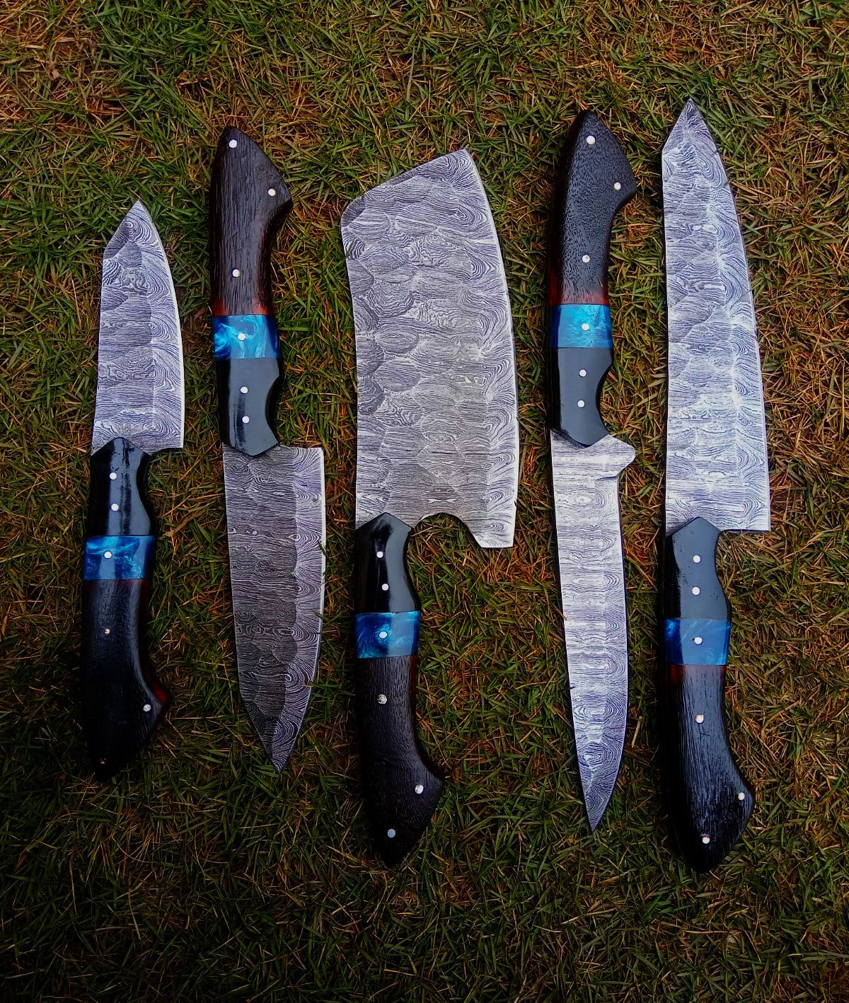 Handmade Damascus 5 PCS Kitchen Knife Set Chef Cutlery Set Wood Resin Handle