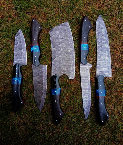 Handmade Damascus 5 PCS Kitchen Knife Set Chef Cutlery Set Wood Resin Handle