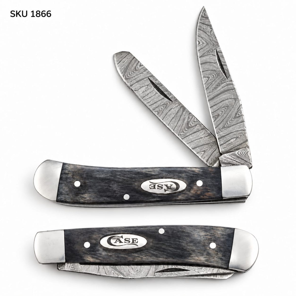 Trapper Pocket Knife – Wood Handle – Dual Blade–Damascus Steel Folding -USA