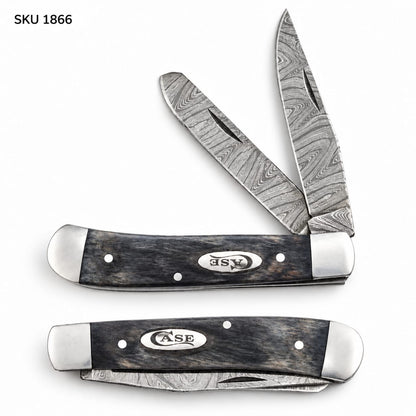 Trapper Pocket Knife – Wood Handle – Dual Blade–Damascus Steel Folding -USA