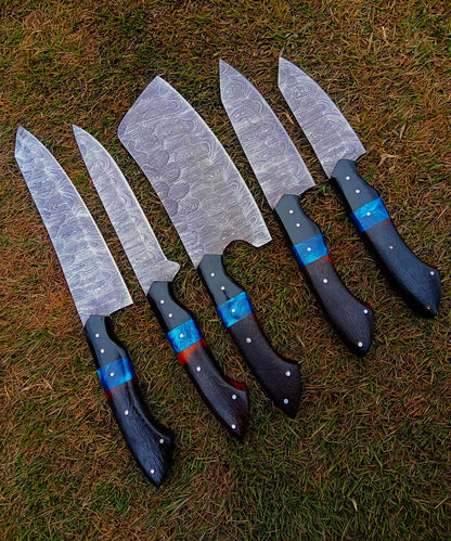 Handmade Damascus 5 PCS Kitchen Knife Set Chef Cutlery Set Wood Resin Handle