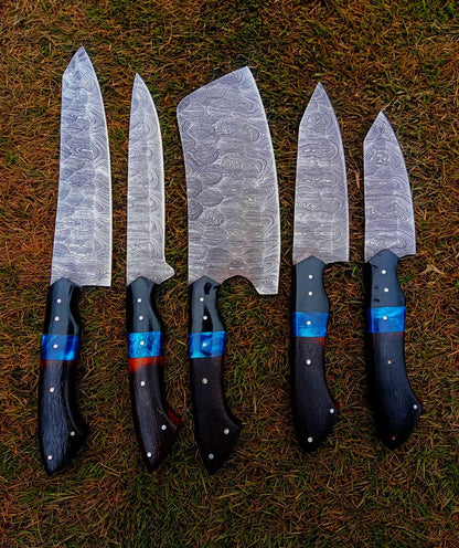 Handmade Damascus 5 PCS Kitchen Knife Set Chef Cutlery Set Wood Resin Handle