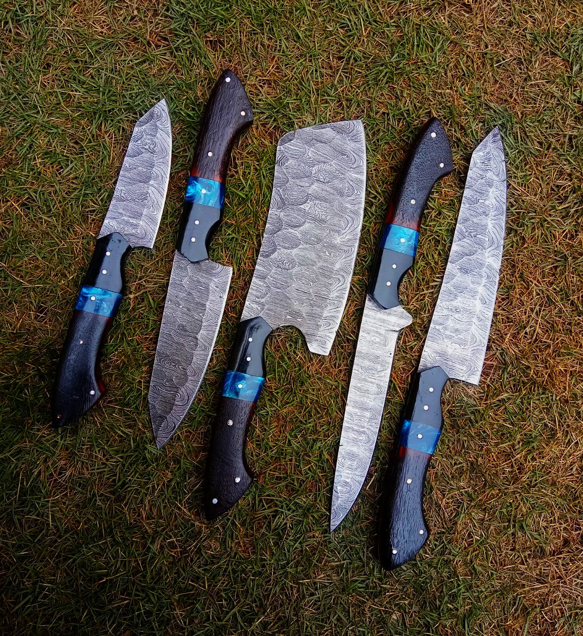 Handmade Damascus 5 PCS Kitchen Knife Set Chef Cutlery Set Wood Resin Handle