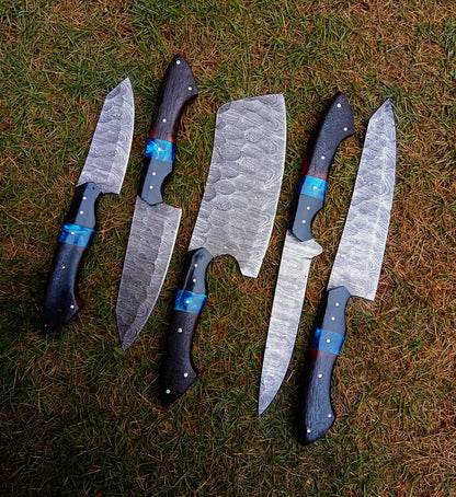 Handmade Damascus 5 PCS Kitchen Knife Set Chef Cutlery Set Wood Resin Handle