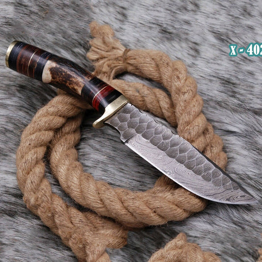 Handmade Forged Damascus Steel Kitchen Utility Knife with Deer Stag Antler Handle and Leather Sheath