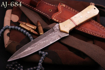 Handmade Damascus Steel Dagger Knife Camel Bone Handle Full Tang