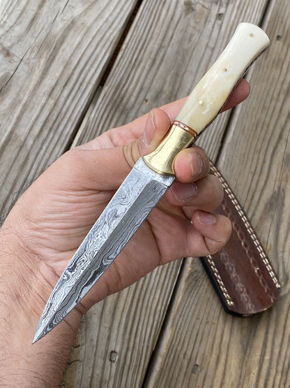 EDC Boot Knife Handmade Damascus Dagger Fixed Blade Camel Bone Handle with Sheath