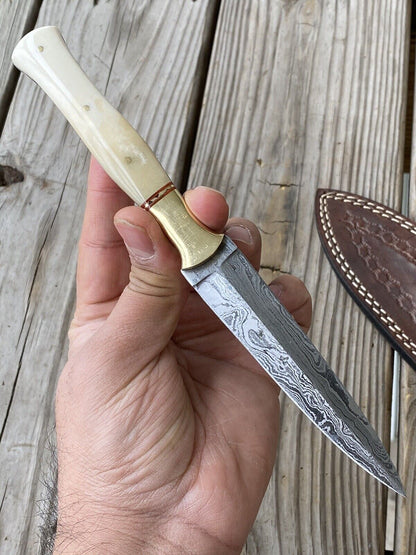 EDC Boot Knife Handmade Damascus Dagger Fixed Blade Camel Bone Handle with Sheath