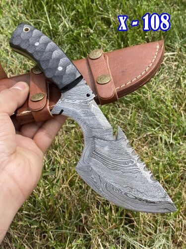 Handmade Damascus Steel Bowie Knife Multi-Purpose Hunting Skinner - with Leather Sheath