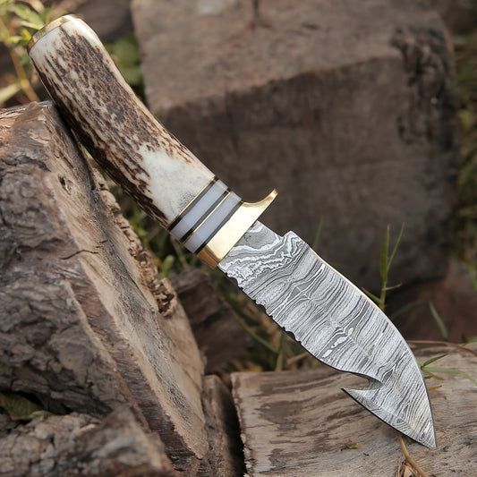 8" Handcrafted Damascus Steel Outdoor Knife with Stag Antler Handle